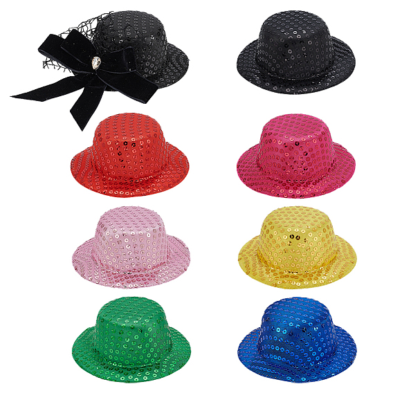 7шт. 7цвета, полиэстер, круглая шляпка-фасинатор для кукол, с пластиковыми блестка бисером