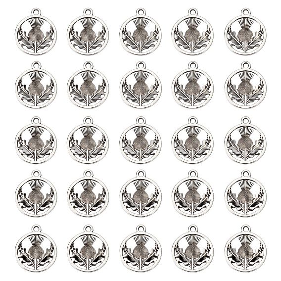 Тибетский стиль сплава плоские круглые с цветочными Шотландия расторопши подвесками, без кадмия и без свинца