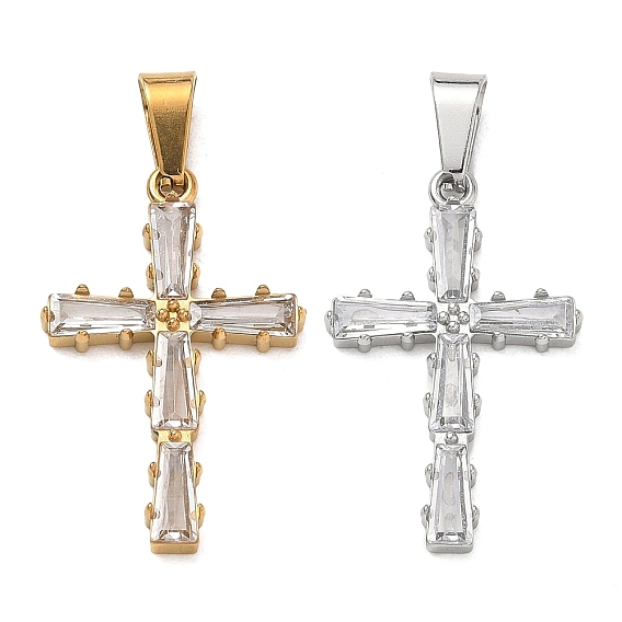 304 Stainless Steel & Glass Pendants, Cross Charms, with 201 Stainless Steel Bails