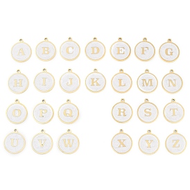 Ion Plating(IP) 201 Stainless Steel Pendants, with Enamel, Real 18K Gold Plated, Flat Round with Letter A~Z