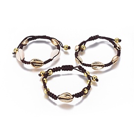 Нейлоновые плетеные браслеты из бисера, с гальваническими шариками и латунными круглыми бусинами, каури оболочки