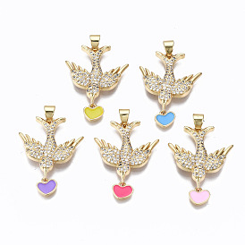 Brass Micro Pave Clear Cubic Zirconia Pendants, with Enamel, Cadmium Free & Nickel Free & Lead Free, Real 16K Gold Plated, Bird with Heart