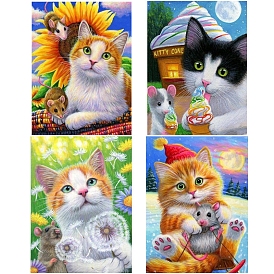 DIY Rectangle Cat Theme Diamond Painting Kits, Including Canvas, Resin Rhinestones, Diamond Sticky Pen, Tray Plate and Glue Clay, Cat with Mouse