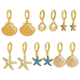 6 пары 6 стили серьги-кольца из латуни с океанской тематикой, с 304 подвесками в форме ракушки с эмалью из нержавеющей стали и микропаве из прозрачных кубических цирконий