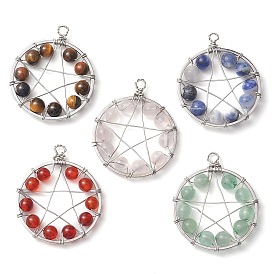 Copper Wire Wrapped Natural Gemstone Beaded Pendants, Flat Round with Pentagram Charms, Platinum