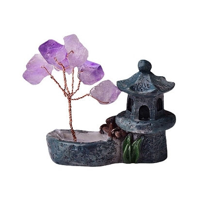 Décorations d'arbre en copeaux d'améthyste naturelle, Base de pavillon en résine, fil de cuivre, pierre d'énergie feng shui, cadeau pour la décoration de la maison et du bureau
