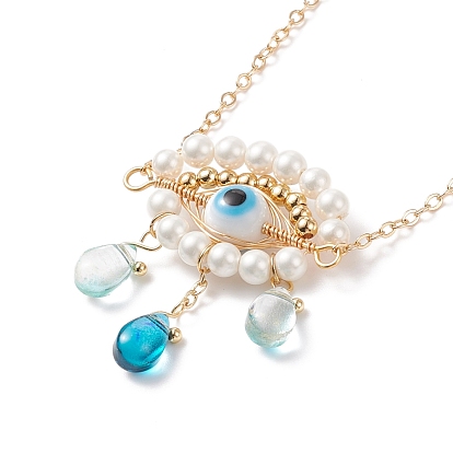 Shell Pearl & Lampwork Braided Horse Eye Pendant Necklace, Brass Jewelry for Women