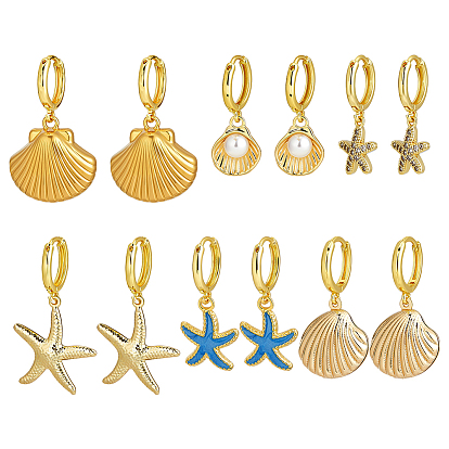 6 пары 6 стили серьги-кольца из латуни с океанской тематикой, с 304 подвесками в форме ракушки с эмалью из нержавеющей стали и микропаве из прозрачных кубических цирконий