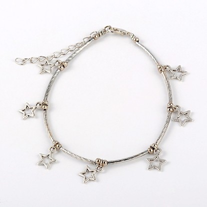 Tibetan Style Star Anklets, with Iron Tube Beads and Zinc Alloy Lobster Claw Clasps, 225mm