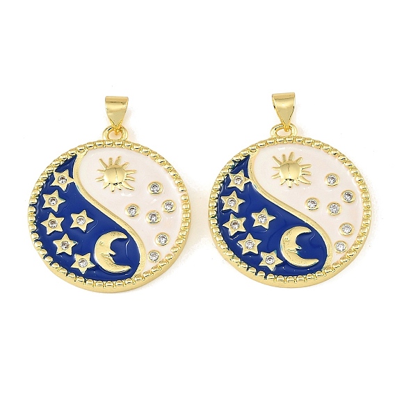 Brass Micro Pave Clear Cubic Zirconia Pendants, with Blue Enamel, Flat Round with Sun & Moon & Star Charms