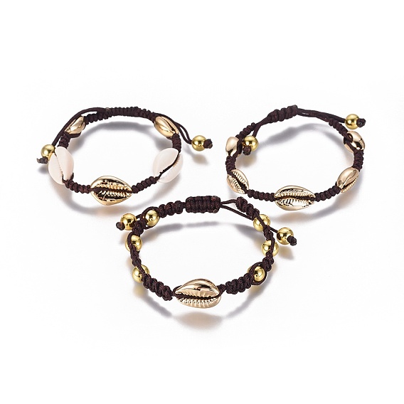 Нейлоновые плетеные браслеты из бисера, с гальваническими шариками и латунными круглыми бусинами, каури оболочки