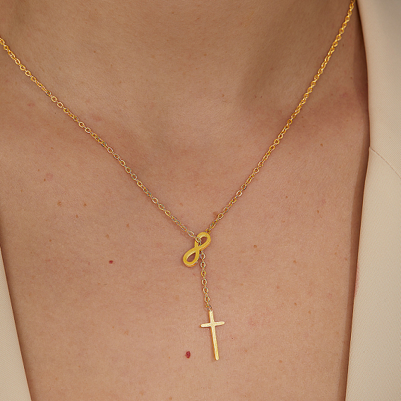 Стильные ожерелья-лариаты из нержавеющей стали с крестом бесконечности для женщин, идеально подходит для повседневной носки