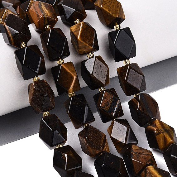Natural Tiger Eye Beads Strands, Faceted Diamond Cut Beads, Rhombus, with Seed Beads