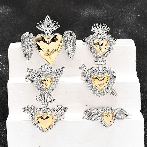 Кольца-манжеты в готическом стиле из латуни с микропаве из прозрачных кубических цирконий для женщин, сердце