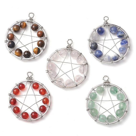 Подвески из бусин из медной проволоки, обернутые натуральными драгоценными камнями, плоский круглый с подвесками в виде пентаграммы, платина