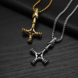 Collares vintage de acero inoxidable con colgante de cruz de lobo vikingo y martillo para hombre