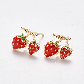 Brass Enamel Ear Studs, with Stainless Steel Pins, Nickel Free, Strawberry, Real 18K Gold Plated