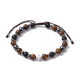Natural Tiger Eye & Obsidian Round & Brass Cross Braided Bead Bracelets, Adjustable Bracelet
