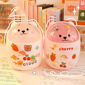 Mini Plastic Tabletop Trashcan, Cute Bear Small Wastebasket, with 1 Sheet Cartoon Decorative Stickers and 4Pcs 3D Stickers and 1 roll Bags, for Office & Schllo & Daily Supplies