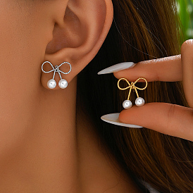 Elegant S925 Sterling Silver Butterfly Stud Earrings, with Imitation Pearl