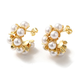 Brass Stud Earrings for Women, with ABS Plastic Imitation Pearl Beads, C-Shape
