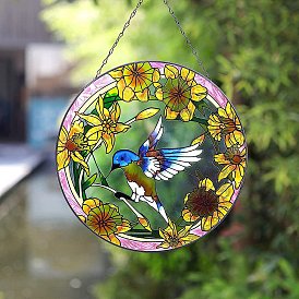 Round Acrylic Stained Window Planel with Chain, Window Suncatcher Home Hanging Ornaments, Bird Pattern