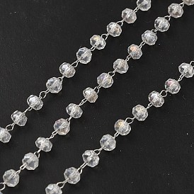 Glass Rondelle Beaded Chains, with 304 Stainless Steel Findings, Soldered, with Spool