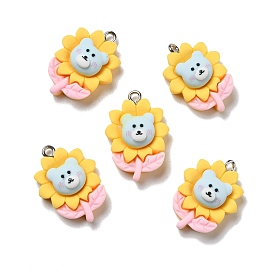 Opaque Resin Pendants, with Platinum Tone Iron Loops, Flower with Bear