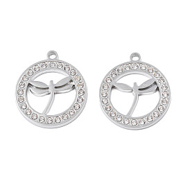 304 Stainless Steel Pendants, with Crystal Rhinestone, Ring with Dragonfly