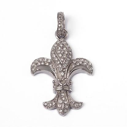 316 хирургические подвески из нержавеющей стали со стразами, геральдическая лилия, 44x30x5 мм, отверстие : 9x5.5 мм