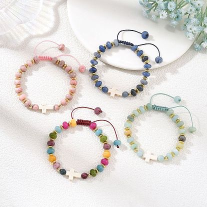 Natural & Synthetic Mixed Gemstone Rondelle Braided Bead Bracelets for Women, with Synthetic Turquoise Cross, Mixed Dyed and Undyed