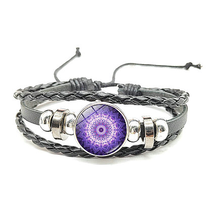 Трехслойный многожильный браслет из искусственной кожи, мандала из сплава стекла звенья регулируемый браслет для женщин