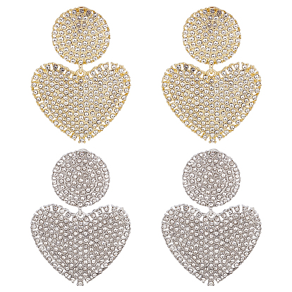 2 pares 2 pendientes colgantes de corazón con cristales de imitación de colores con 925 broche de plata de ley, pendientes largos de aleación para el día de san valentín