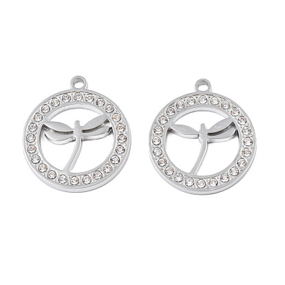 304 Stainless Steel Pendants, with Crystal Rhinestone, Ring with Dragonfly