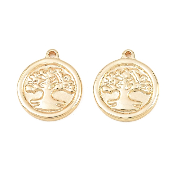 304 Stainless Steel Pendants, Round with Tree Charms, Rack Plating, Long-Lasting Plated