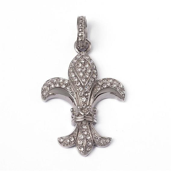 316 хирургические подвески из нержавеющей стали со стразами, геральдическая лилия, 44x30x5 мм, отверстие : 9x5.5 мм