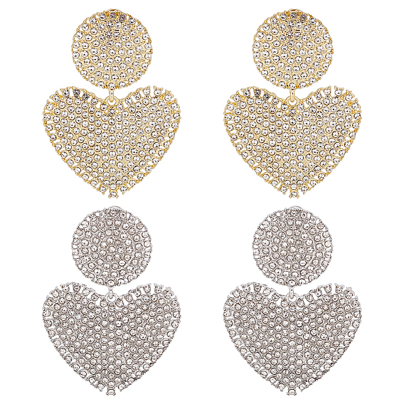 2 paires 2 boucles d'oreilles pendantes en forme de cœur avec strass en cristal de couleurs avec 925 broche en argent sterling, boucles d'oreilles longues en alliage pour la saint valentin
