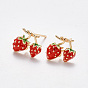 Brass Enamel Ear Studs, with Stainless Steel Pins, Nickel Free, Strawberry, Real 18K Gold Plated
