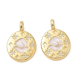 Pendentifs en laiton zircon cubique transparent, avec émail blanc et imitation perle ABS, rond plat avec breloques étoiles