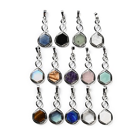 Gemstone/White Shell Pendants, Rack Plating Brass Hexagon Charms, Lead Free & Cadmium Free, Platinum