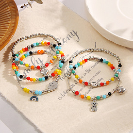 Colorful Rainbow Elastic Bracelet with Smiling Beads - Handmade Silver Charm Bracelet for Women