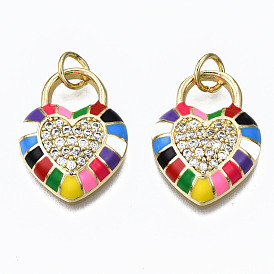 Brass Micro Pave Clear Cubic Zirconia Pendants, with Jump Rings and Enamel, Nickel Free, Heart