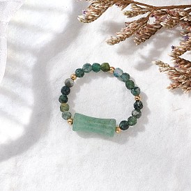 Кольца из натурального мохового агата, с натуральными зелеными бусинами авантюрина, латунными бусинами и эластичной хрустальной нитью