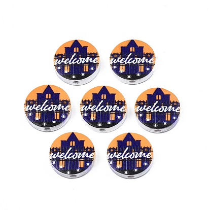 Halloween Printed Natural Wood Beads, Flat Round with Word Welcome & Castle