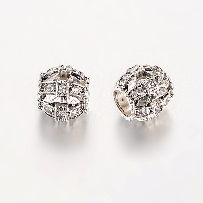 Старинное серебро покрытием сплава горный хрусталь европейских бусы, большие отверстия баррель бисером, 11x10 мм, отверстие : 5 мм