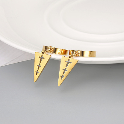 Titanium Steel Dangle Hoop Earrings, Triangle with Cross