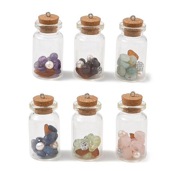 Natural Prehnite /Cultured Freshwater Pearl/Polymer Clay Rhinestone/Natural Amber/Amethyst /Blue Aventurine /Garnet/Rose Quartz  & Iron & Glass Jar Glass Bottles Pendants, Wishing Bottle