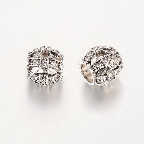 Старинное серебро покрытием сплава горный хрусталь европейских бусы, большие отверстия баррель бисером, 11x10 мм, отверстие : 5 мм