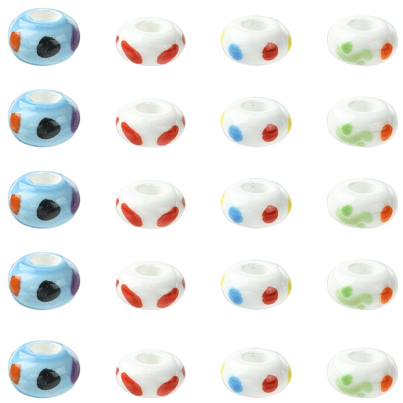 20шт. 4 цветов, фарфоровые бусины ручной работы с принтом, европейские бусины, бусины с большим отверстием, рондель