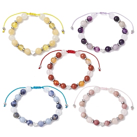 Gemstone Braided Bead Bracelets for Women Girl, with Brass Beads, Round